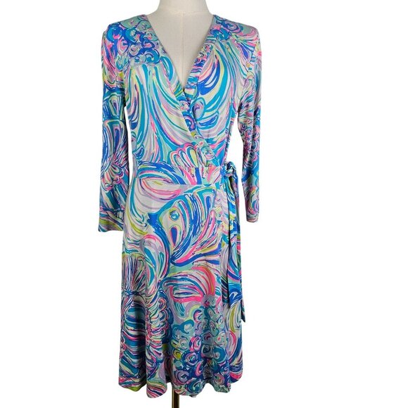 Lilly Pulitzer Emilia Wrap Dress Multi Guilty Pleasure Print 3/4 Sleeve Small - Picture 3 of 13